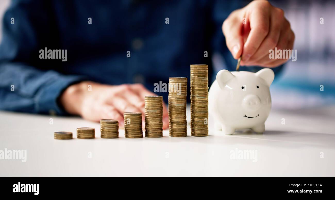 Sparschwein Geld Und Unterstützung Hand. Münze In Sparschwein Stockfoto