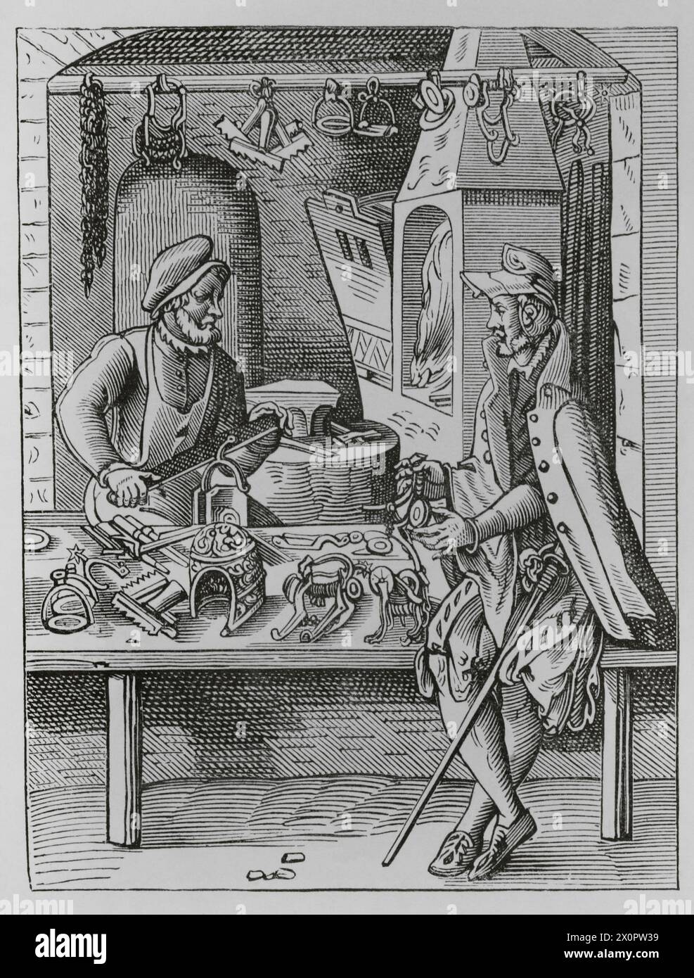 Der Handel. Der Sporenmacher. Faksimile nach Zeichnung und Stich von Jost Amman im 16. Jahrhundert. "Moeurs, usages et Kostüumes au moyen-âge et à l'époque de la Renaissance" von Paul Lacroix. Paris, 1878. Stockfoto