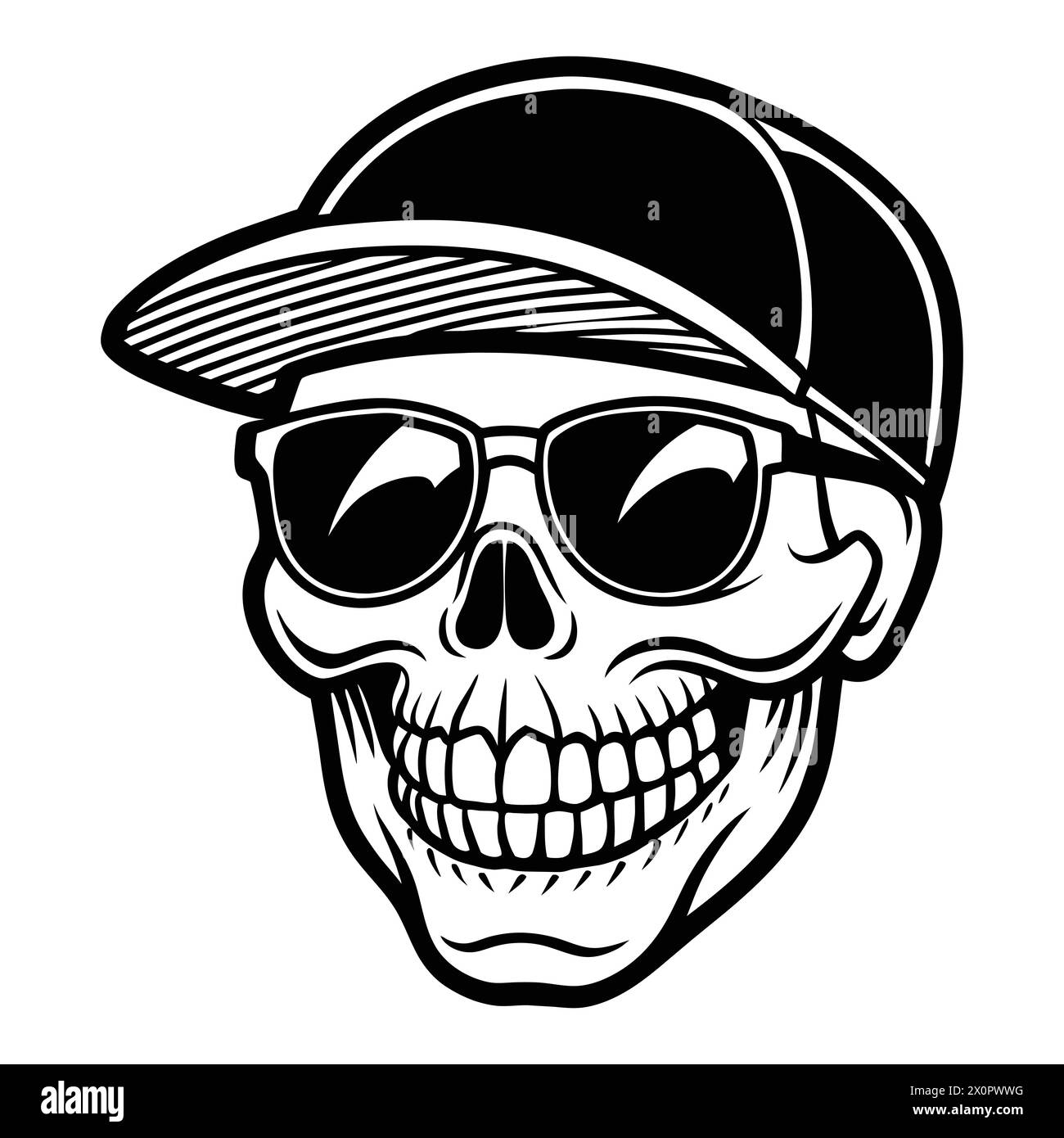 „Smiling Skull with Sonnenbrille and Cap – cooles Hipster Skelett Porträt für trendige Designs und Halloween-Konzepte“ Stock Vektor