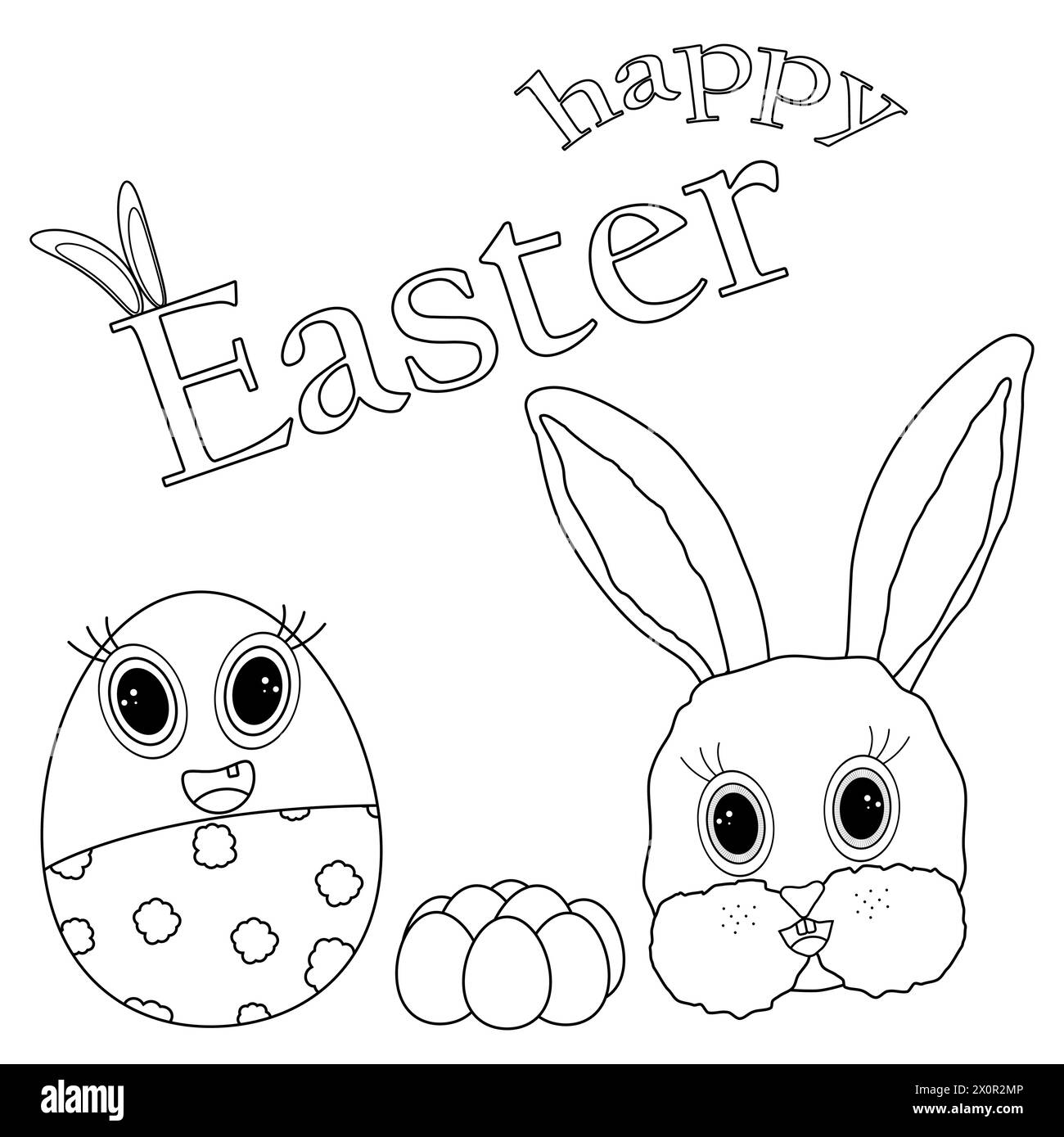 Osterhase und Eier. Happy Easter Inschrift. Malbücher für Kinder. Vektorkonturzeichnung Stock Vektor