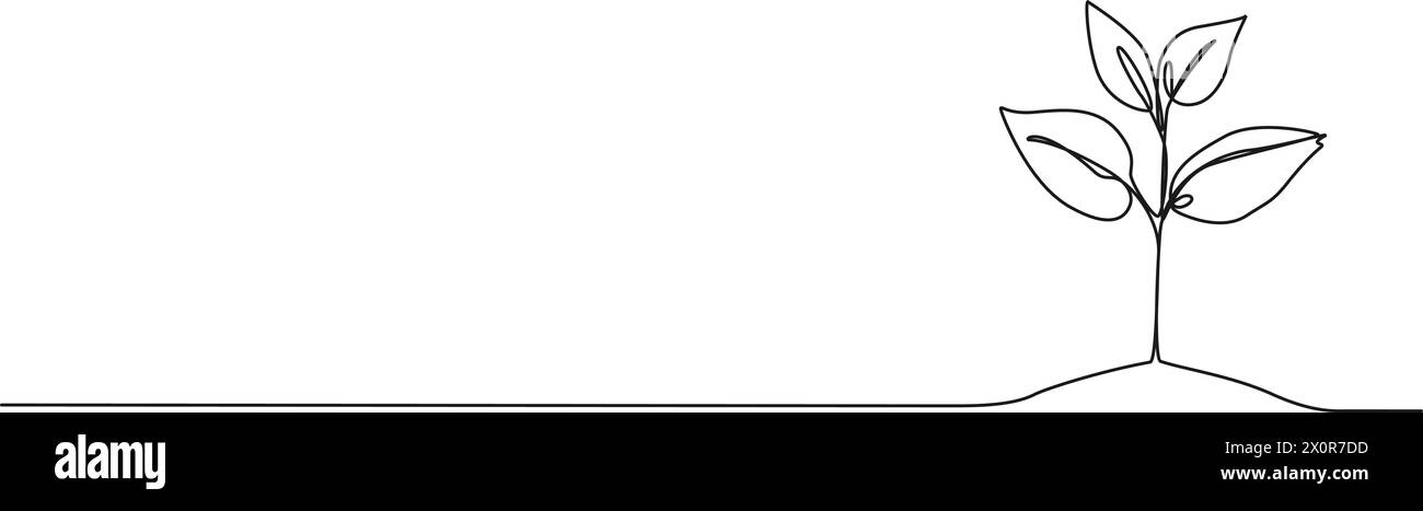 Kontinuierliche einzeilige Zeichnung von kleinem Spross, der aus dem Boden wächst, Linie Art Vektor Illustration Stock Vektor