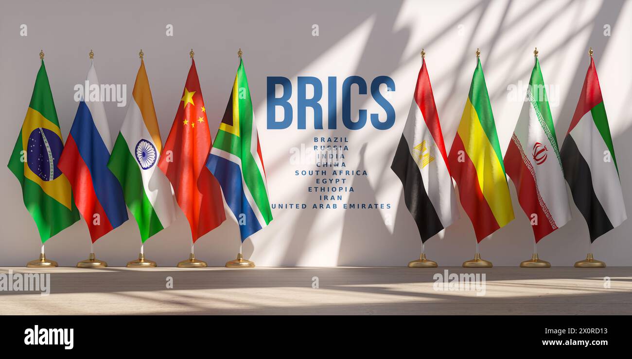BRICS-Gipfel oder -Meeting-Konzept. Zeile aus Flaggen aller Mitglieder der BRICS-Länderliste. 3D-Abbildung Stockfoto