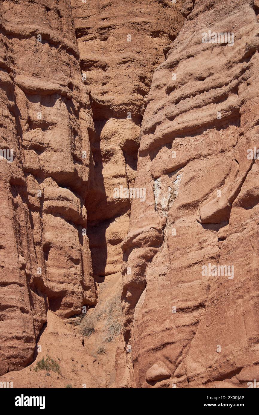 Pareidolische Illusion, Gesichter in unbelebten Objekten zu sehen. Gesicht auf Sandsteingestein. Pareidolia, sieht aus wie ein Gesicht. Felsige Säulen Konorchek Canyon, äolisch Stockfoto