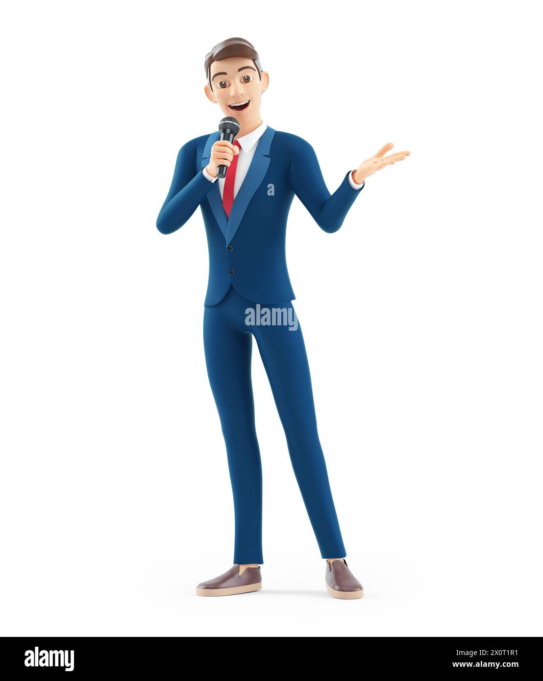 3D-Comic-Geschäftsmann, der in ein Mikrofon spricht, Illustration isoliert auf weißem Hintergrund Stockfoto