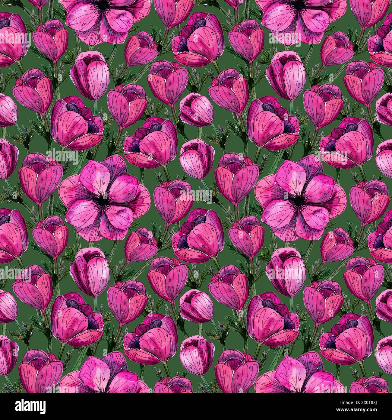 Aquarellrosa Anemonenblumenmuster. Handgemalte magentafarbene Blüten auf dunkelgrünem Hintergrund. Sommerblumendesign für Hochzeitseinladungen, sparen Sie sich Stockfoto