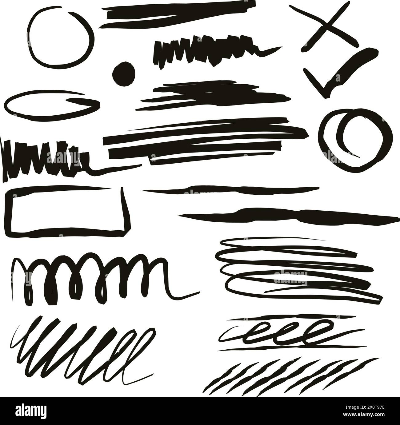 Vektor-Bleistiftsatz von Grunge-Strichen, Kreisen, Pfeilen, Herzen, Spritzern, Farbflecken, Bleistiftzeichnungen und andere kreative Designs. Perfekt für Ausdrucke Stock Vektor