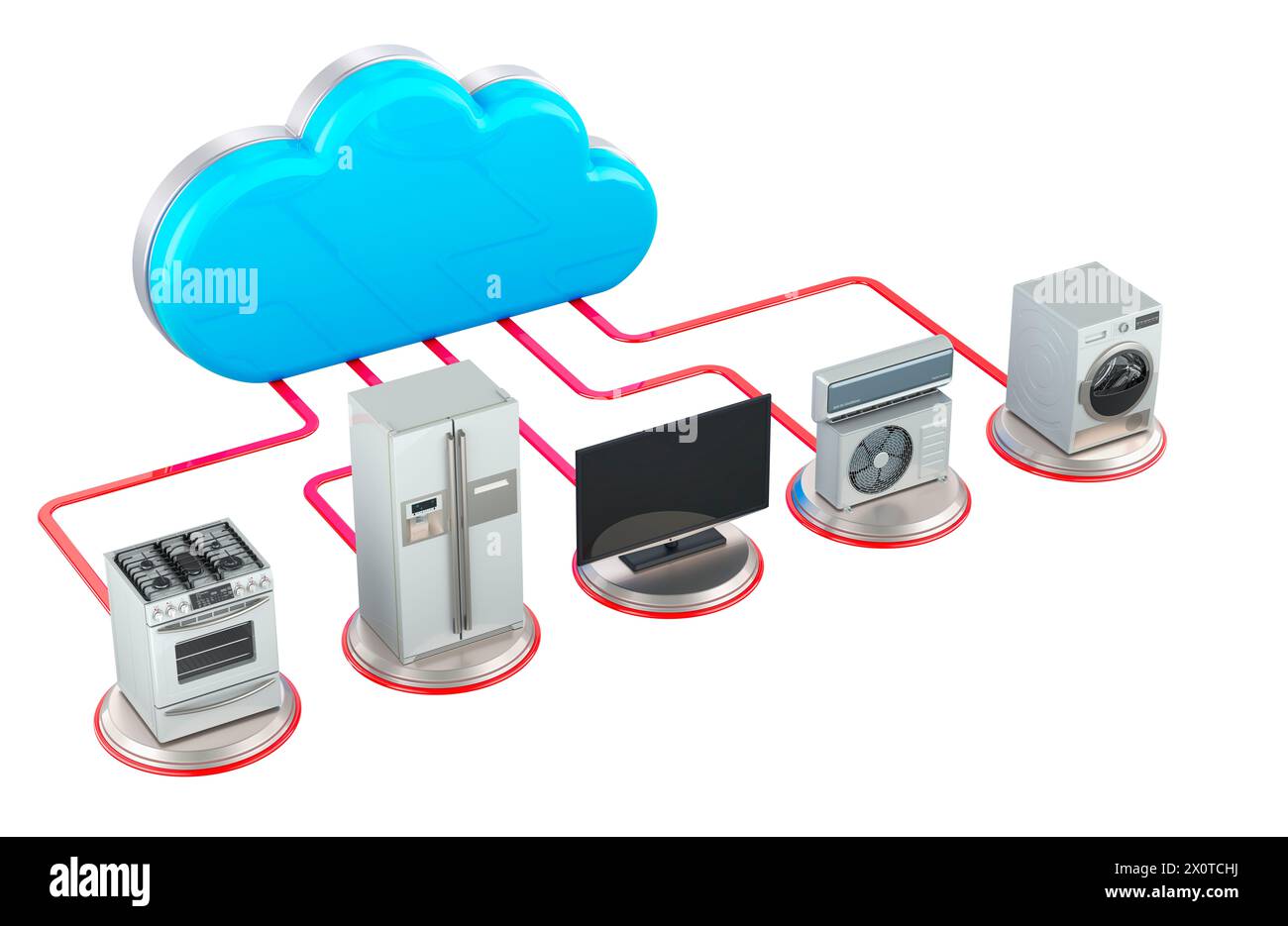 Serverkommunikation mit Küche und Haushaltsgerät. Computer-Cloud mit Haushaltsgeräten. 3D-Rendering isoliert auf weißem Hintergrund Stockfoto