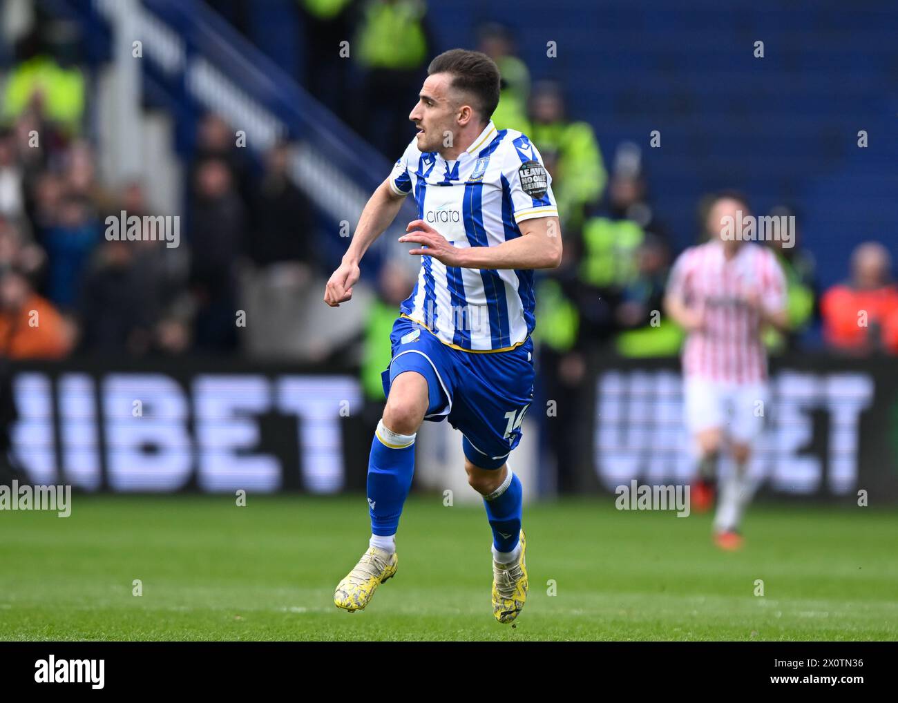 Pol Valentín von Sheffield Wednesday macht eine Pause während des Sky Bet Championship Matches Sheffield Wednesday vs Stoke City in Hillsborough, Sheffield, Vereinigtes Königreich, 13. April 2024 (Foto: Craig Cresswell/News Images) in, am 13. April 2024. (Foto: Craig Cresswell/News Images/SIPA USA) Credit: SIPA USA/Alamy Live News Stockfoto