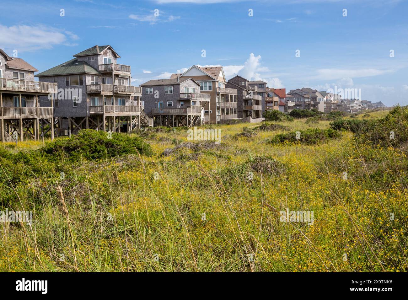 Outer Banks, North Carolina.  Vegetation, die Lücke zwischen Ferienwohnungen (FeWos) und Strand stabilisieren Sand. Stockfoto