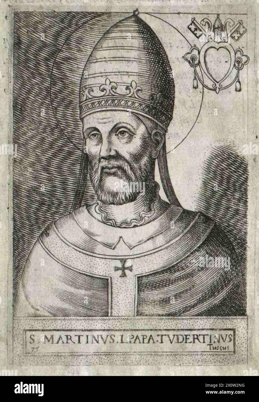 Ein Kupferstich von Papst Marcellus I. aus dem 16. Jahrhundert, der von 649 bis 655 Jahre alt war. Er war der 74. Papst. Er wurde verhaftet und nach einer verheerenden Inhaftierung nach Cherson auf der Krim verbannt. Er ist der letzte Papst, der als Märtyrer gilt. Stockfoto