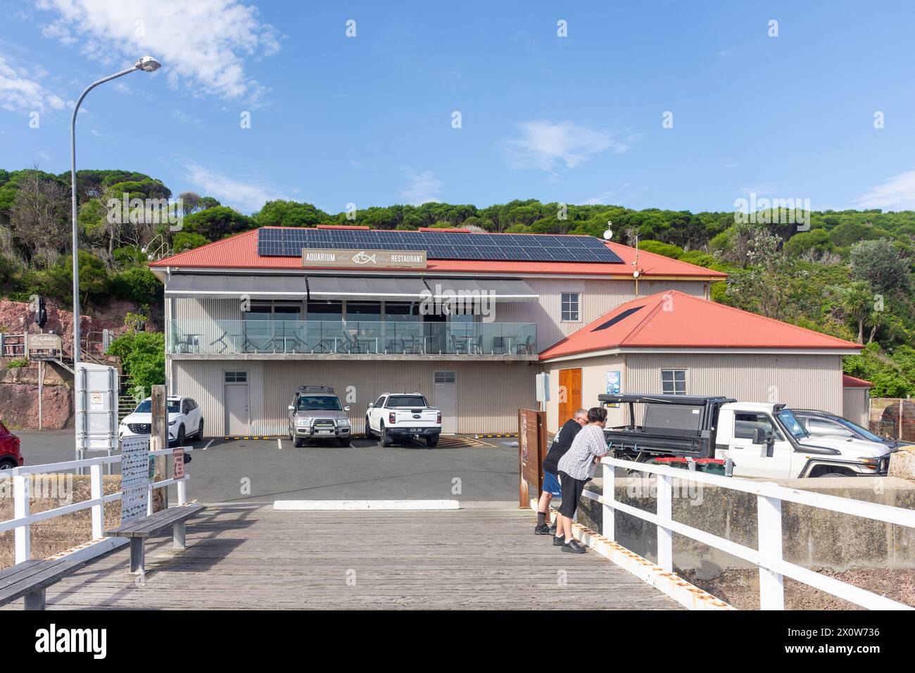 Merimbula Aquarium & Wharf Restaurant ab Merimbula Wharf, Merimbula, New South Wales, Australien Stockfoto