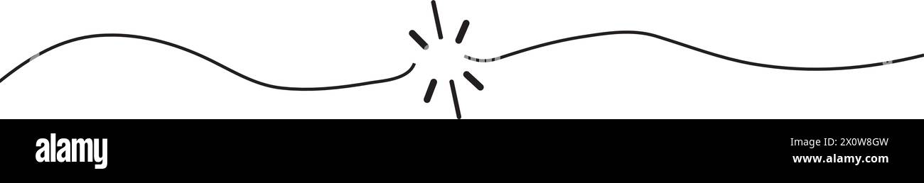 Symbol für Kabelbruch einfache grafische Abbildung, Kabelseilschlag gebrochen schwarz weiß, Drahtbruch beim Gewinde des elektrischen Stromkreises, gerissene Schnur Bild c Stock Vektor
