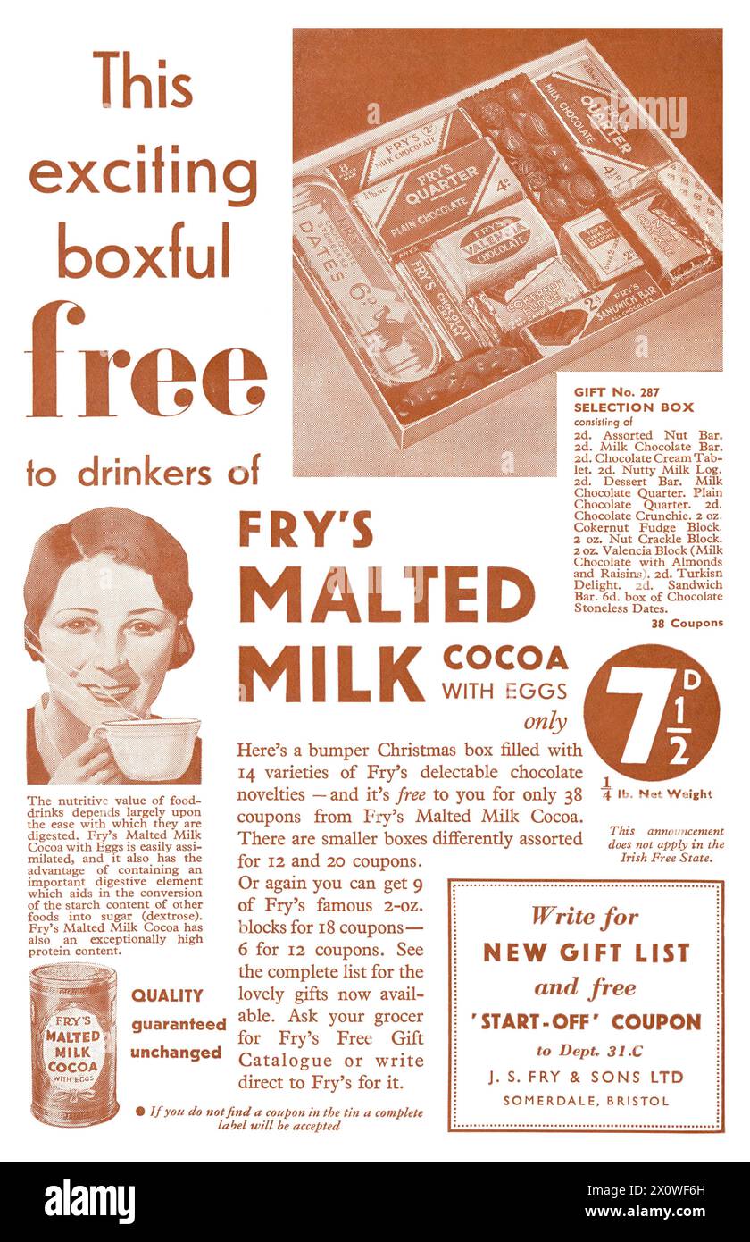 1933 britische Werbung für Fry's Malted Milk Kakao. Stockfoto