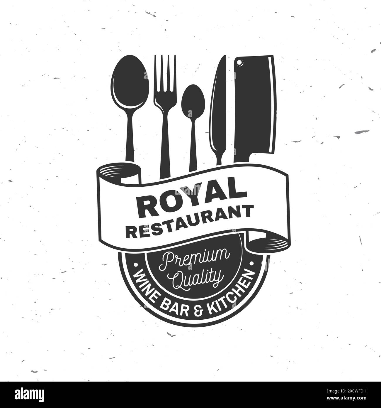 Royal Restaurant Shop, Menü Logo. Vektorabbildung. Vintage-Grafikdesign für Logo, Etikett, Abzeichen mit Krone, Teller, Küchenmesser, Gabel und Stock Vektor