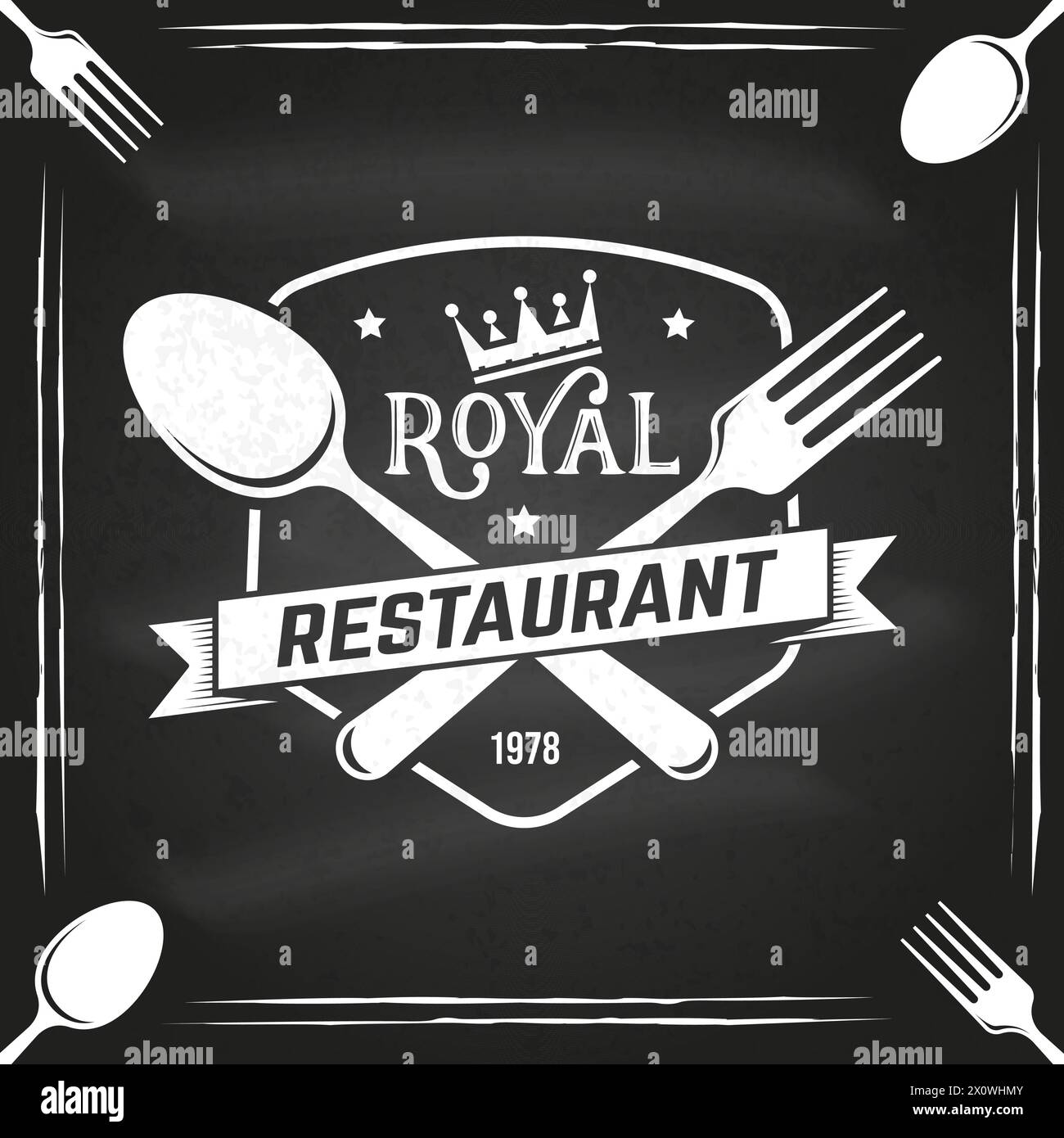 Royal Restaurant Shop, Menü auf der Tafel. Vektorabbildung. Vintage-Grafik für Logo, Label, Abzeichen mit Krone, Gabel und Löffel Stock Vektor