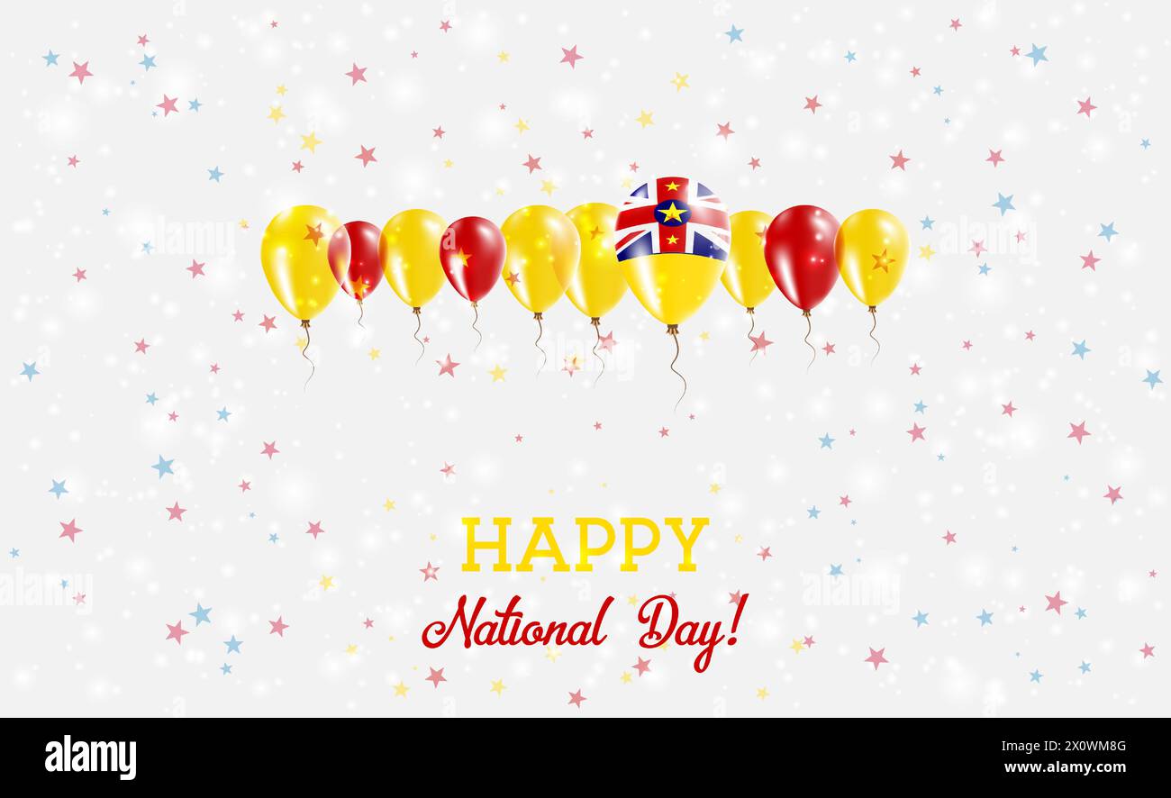 Funkelndes Patriotisches Poster Zum Unabhängigkeitstag Von Niue. Reihe von Referenzkreisen in Farben der niueischen Flagge. Grußkarte mit Nationalflaggen, Konfetti und Sternen. Stock Vektor