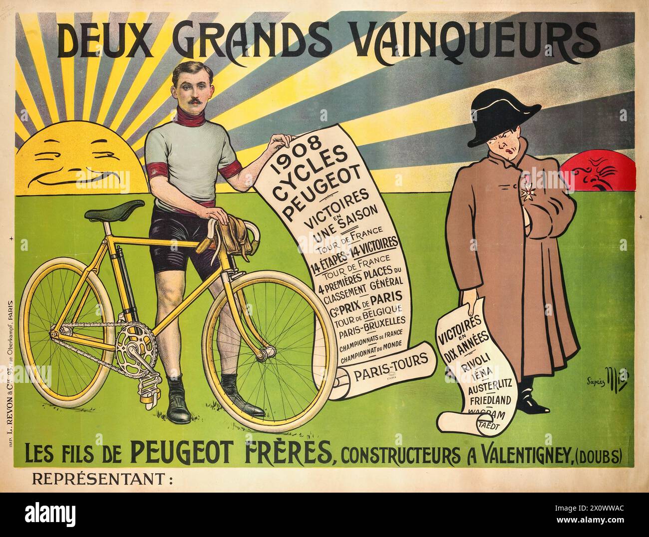 Französisches Vintage-Werbeplakat: Peugeot Freres Cycle. 1908. Illustration zweier großer Gewinner, die Rennen zeigen, die 1908 mit Peugeot-Fahrrädern gewonnen wurden, und Napoleons Siege. Stockfoto