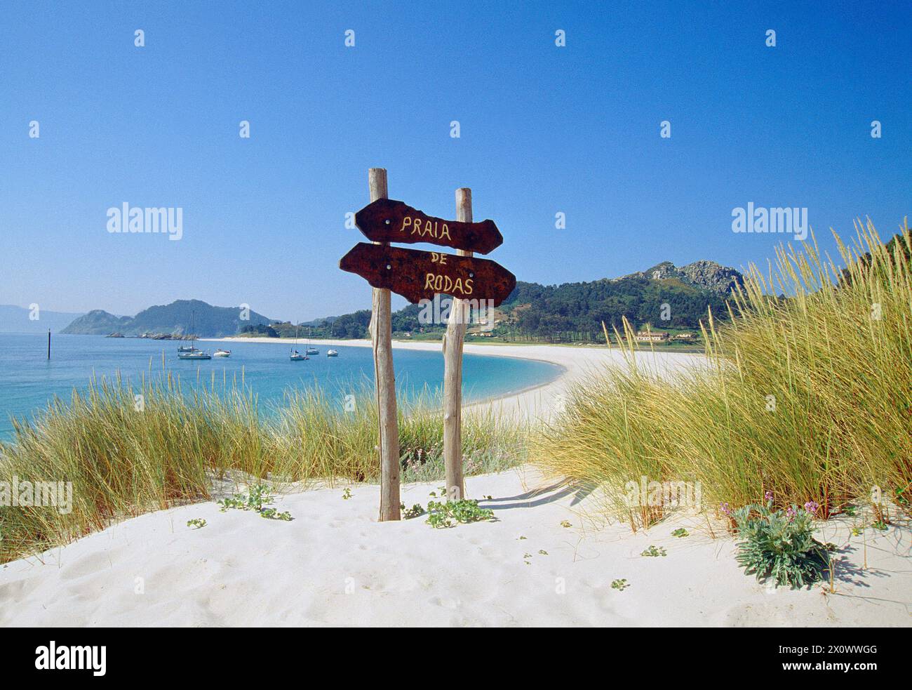 Rodas Beach. Islas Cies, Nationalpark Islas Atlanticas, Provinz Pontevedra, Galicien, Spanien. Stockfoto