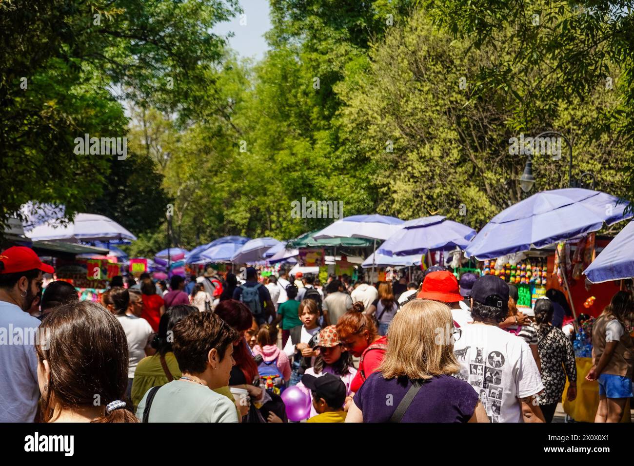Touristen und Einheimische genießen einen Sonntagnachmittag im Chapultepec Park in Mexiko-Stadt. Der Chapultepec Park im Herzen von Mexiko-Stadt ist einer der größten städtischen Parks in der westlichen Hemisphäre mit weitläufigen Grünflächen, historischen Wahrzeichen und kulturellen Attraktionen. Als beliebter Erholungsort bietet es seinen Besuchern eine ruhige Zuflucht vom Hektik der Stadt und ist gleichzeitig ein Drehkreuz für Outdoor-Aktivitäten, Picknicks und kulturelle Veranstaltungen. Stockfoto