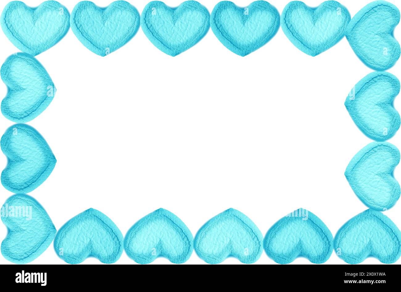 Wunderschöner Rahmen von Arctic Blue Heart Shaped Marshmallow Bondies auf weißem Hintergrund Stockfoto