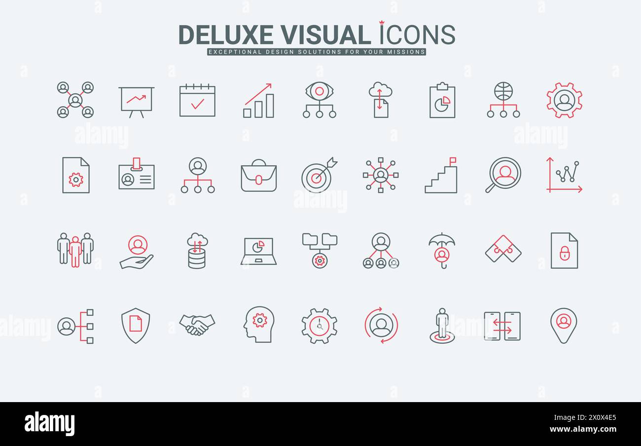 Unternehmensstruktur Organisation und Management dünne schwarze und rote Linien setzen die Vektorillustration. Strukturieren Sie das Ablaufdiagramm der Organisation für Abteilung, Hierarchie, Teambildung, Teamarbeit und Führung Stock Vektor