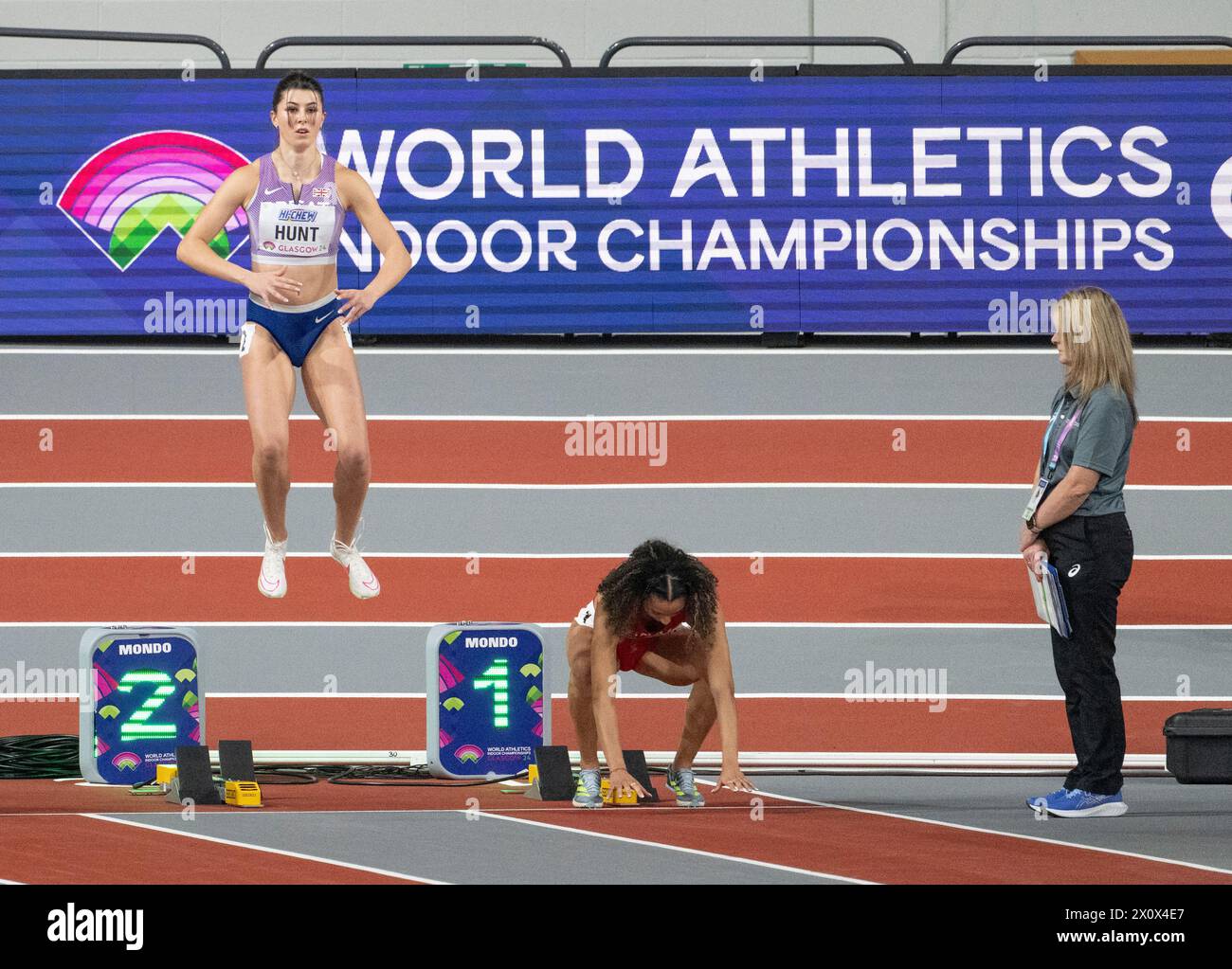 Amy Hunt aus Großbritannien trat in den 60-m-Läufen am 2. Tag bei den Leichtathletik-Hallenweltmeisterschaften in der Emirates Arena in Glasgow, Schottland, Großbritannien an. 1./3 Stockfoto