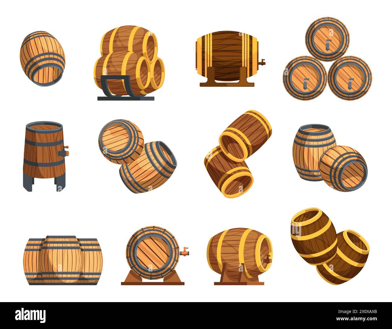 Holzfässer und Fässer. Weinfass und Bierfässer, Holzbehälter für die Lagerung von Alkohol, Holzbehälter für die Weinbrauerei. Vektorsatz Stock Vektor