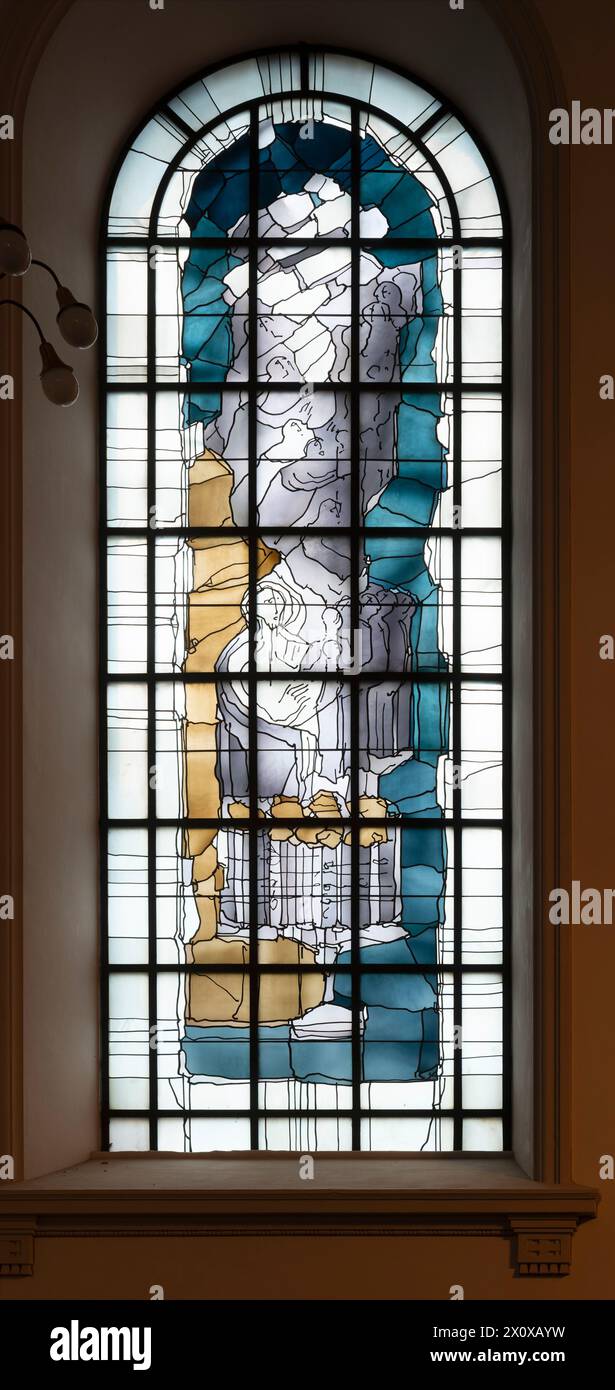 Krefeld, Dionysiuskirche, Kunst im öffentlichen Raum: Hubert Spierling, Fenster im südlichen Querschiff, Mannasegen, Abendmahl und Brotvermehrung, 197 Stockfoto