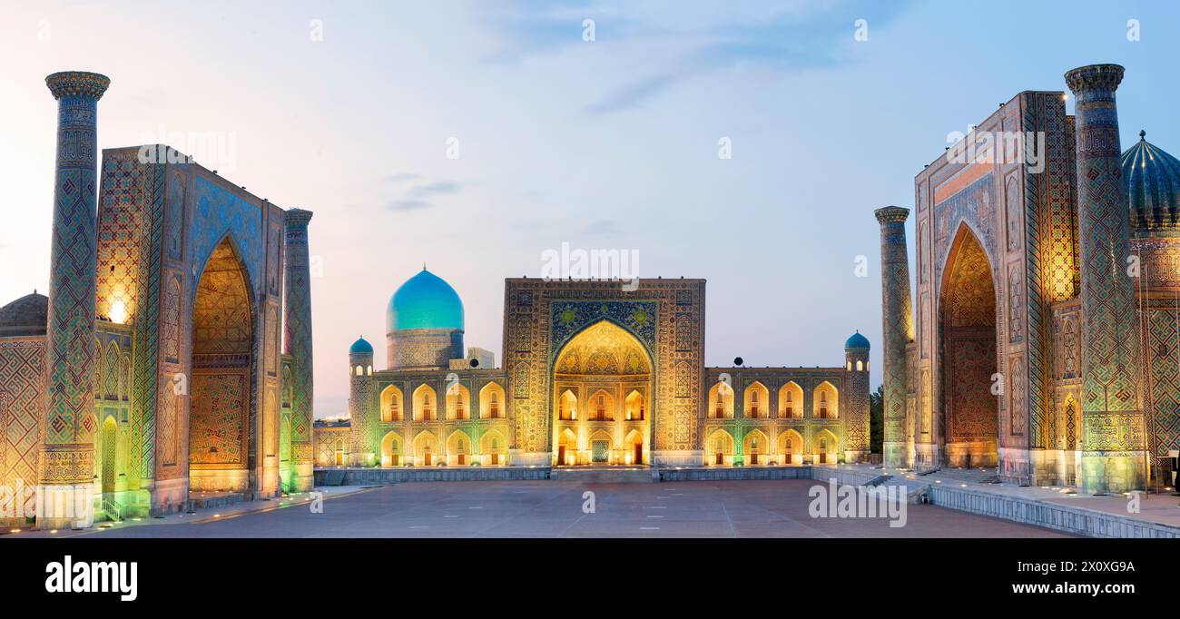 Registan, einen alten öffentlichen Platz im Herzen der antiken Stadt Samarkand, Usbekistan. Stockfoto