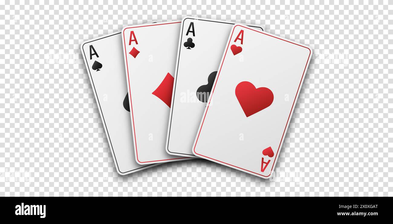 Fans von Karten mit Handspielen. Vier Asse mit dem Anzug aus Herzen, Schlägern, Diamanten und Pik. Vetor-Abbildung. Poker- oder Casino-Konzept. Transparentes bac Stock Vektor