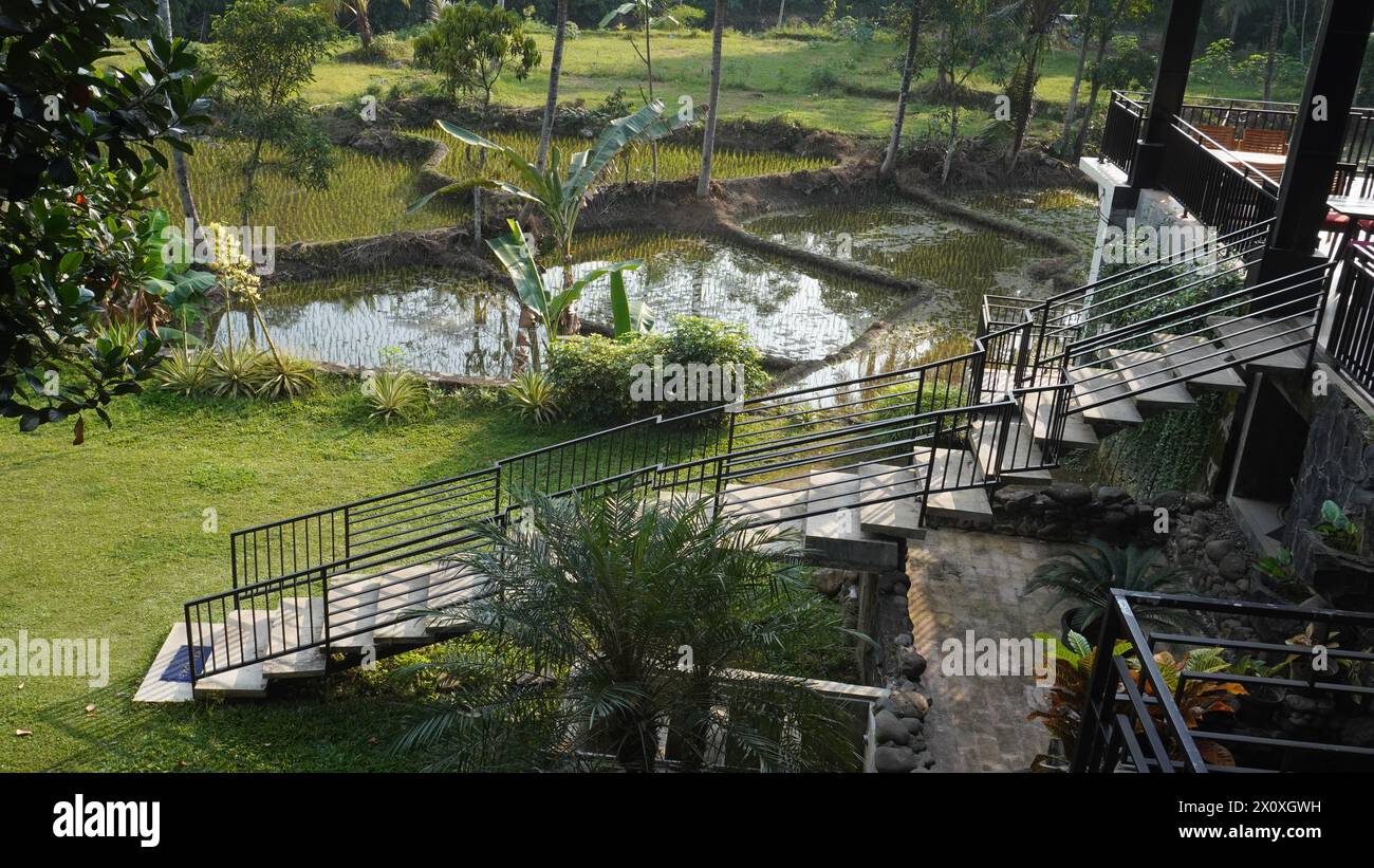 Eine schwarze eiserne Treppe im Senja Café Jember, die als Zugang zum Garten und zu den Reisfeldern genutzt wird Stockfoto