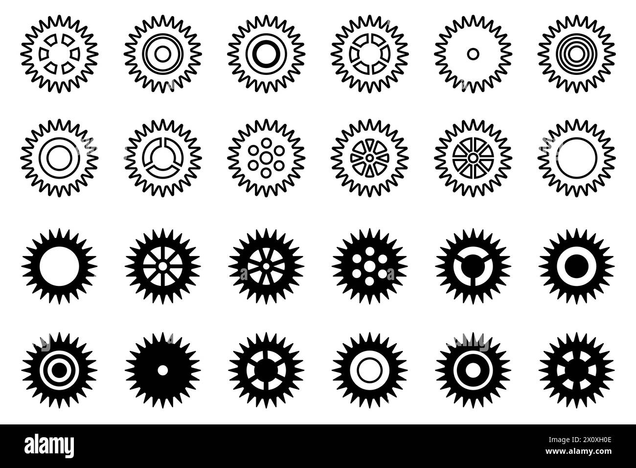 Symbolsatz Gänge. Symbol „Einstellen der Gänge“. Sammlung mechanischer Zahnräder. Weißer Hintergrund. Vektorillustration mit schwarzen Kettenradsymbolen Design el Stock Vektor