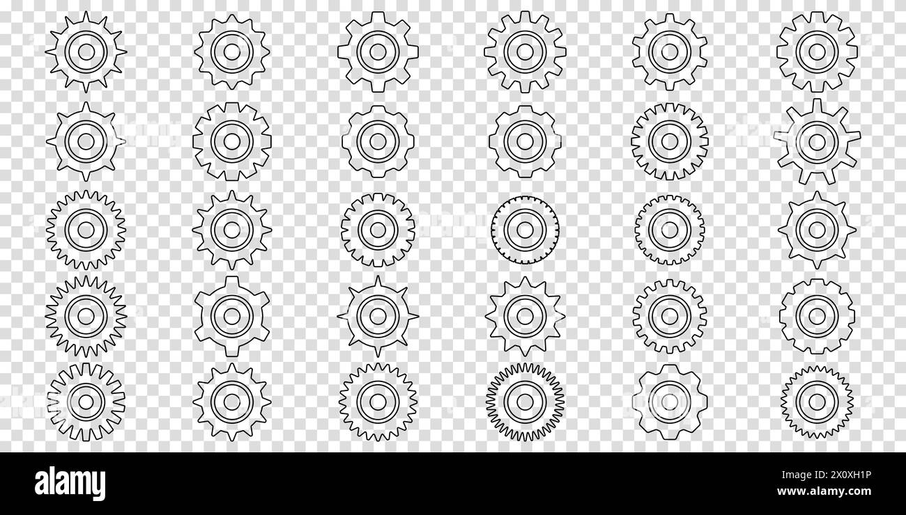 Einfache Zahnradsammlung. Zahnrad. Umriss für Zahnradsymbol festgelegt. Symbol für Gangeinstellung. Vektor für Zahnradsymbol der Maschine eingestellt. Zahnradsymbole. Verschiedene Stilsymbole Stock Vektor