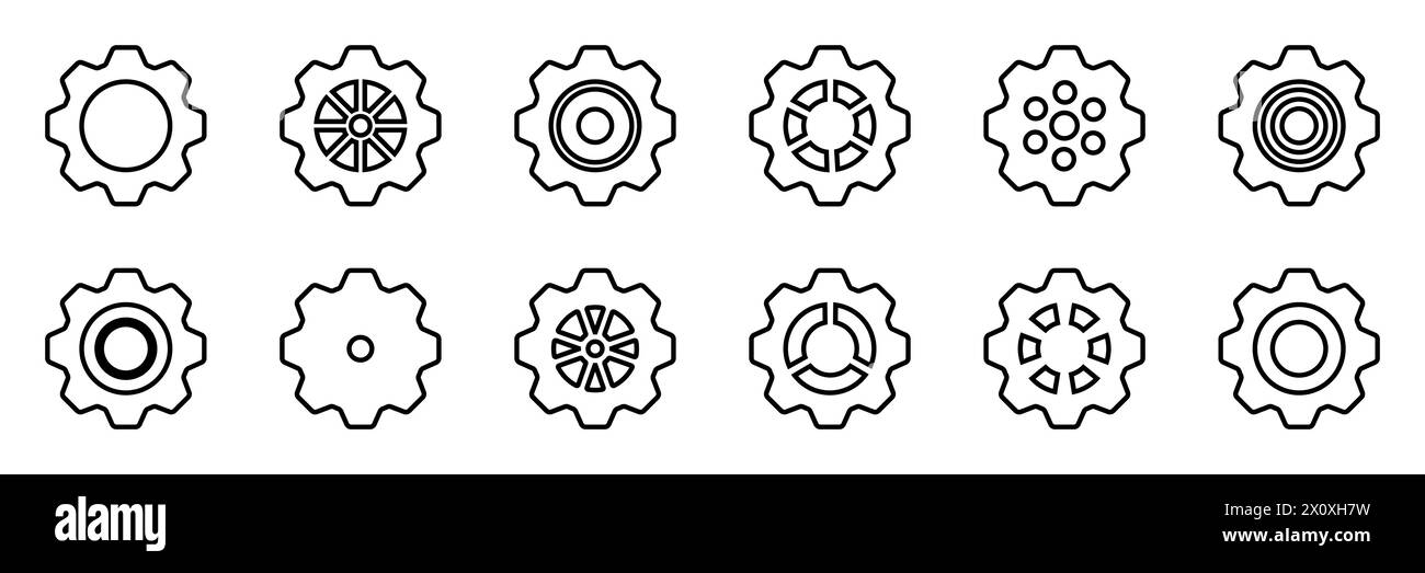 Symbolsatz Gänge. Symbol für Gangeinstellung. Sammlung mechanischer Zahnräder. Einfache Zahnradsammlung. Silhouette mit Zahnradsymbolen. Vector Illustrati Stock Vektor