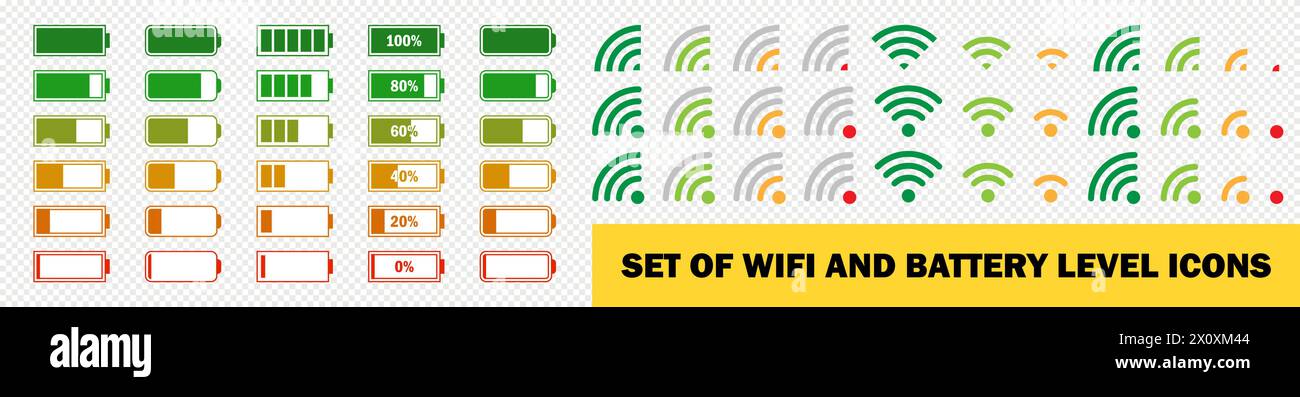 Symbol für Statusgruppe der mobilen Leiste. WLAN-Signalpegel. Batterieladezeichen, Statusanzeige des Mobilfunknetzwerks und der Internetantenne. Vektorillustrat Stock Vektor
