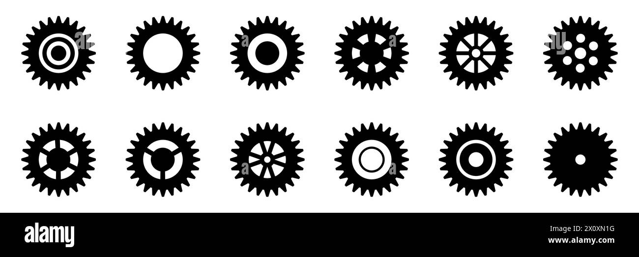 Symbolsatz Gänge. Symbol für Gangeinstellung. Sammlung mechanischer Zahnräder. Einfache Zahnradsammlung. Zahnradsymbole. Vektordarstellung mit Zahnrädern Stock Vektor