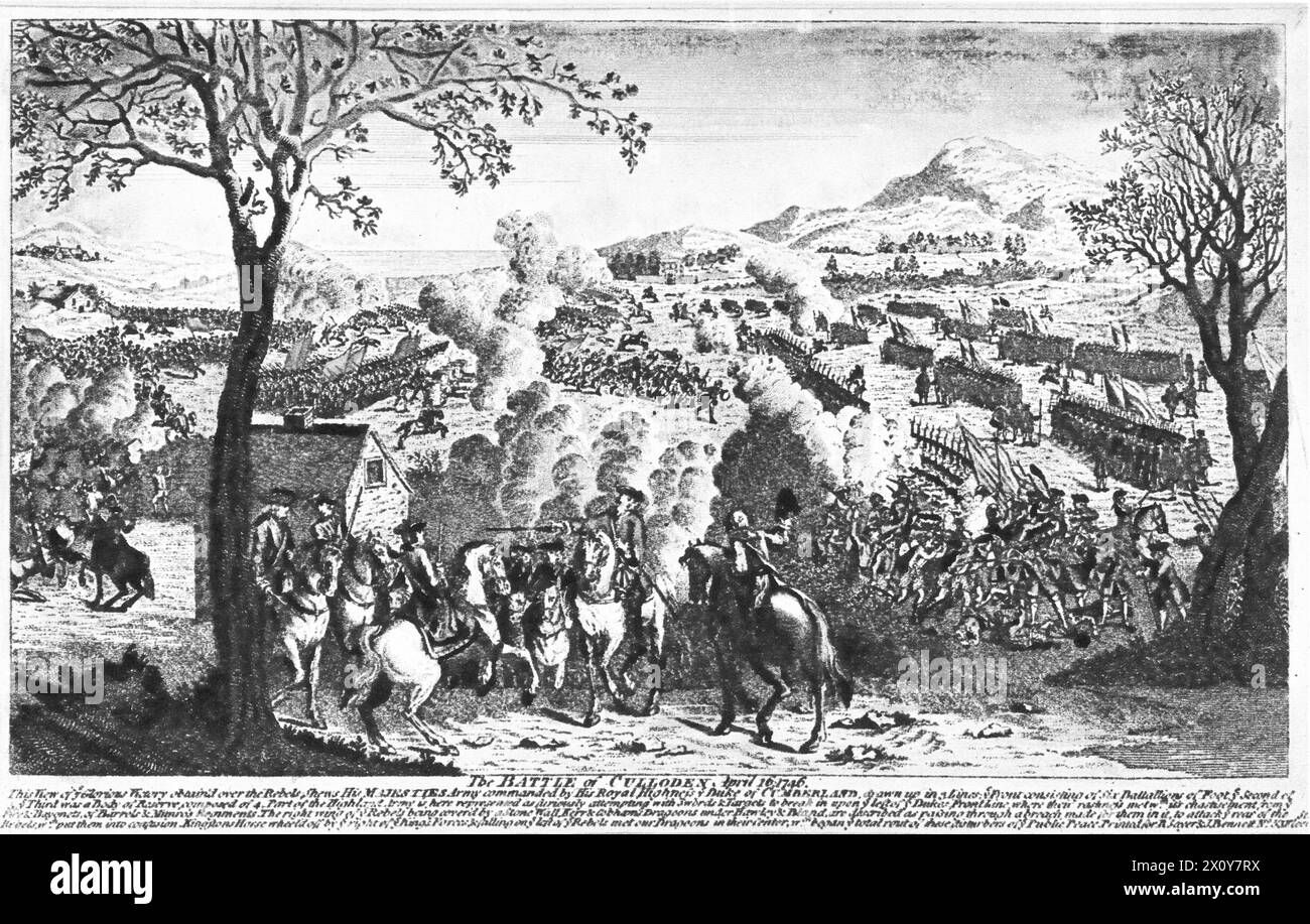 Die Schlacht von Culloden, 1747. Von Luke Sullivan (1705–1771), nach Augustin Heckel (1690–1770). Die Schlacht von Culloden fand am 16. April 1746 in der Nähe von Inverness in den schottischen Highlands statt. Eine Jakobitenarmee unter Charles Edward Stuart wurde von einer britischen Regierungstruppe unter Duke of Cumberland entschieden besiegt, was den Jakobitenaufstand von 1745 beendete. Stockfoto