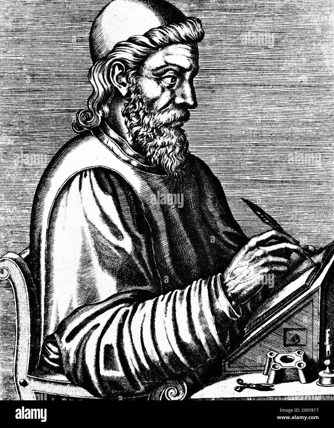 Bede (672/3-735), 1584. Bede, auch bekannt als Saint Bede, der Ehrwürdige Bede und Bede der Ehrwürdige, war ein englischer Mönch, Autor und Gelehrter. Stich aus Les Vrais Pourtraits et vies des hommes illustres 1584 von André Thevet (1516-1590). Stockfoto