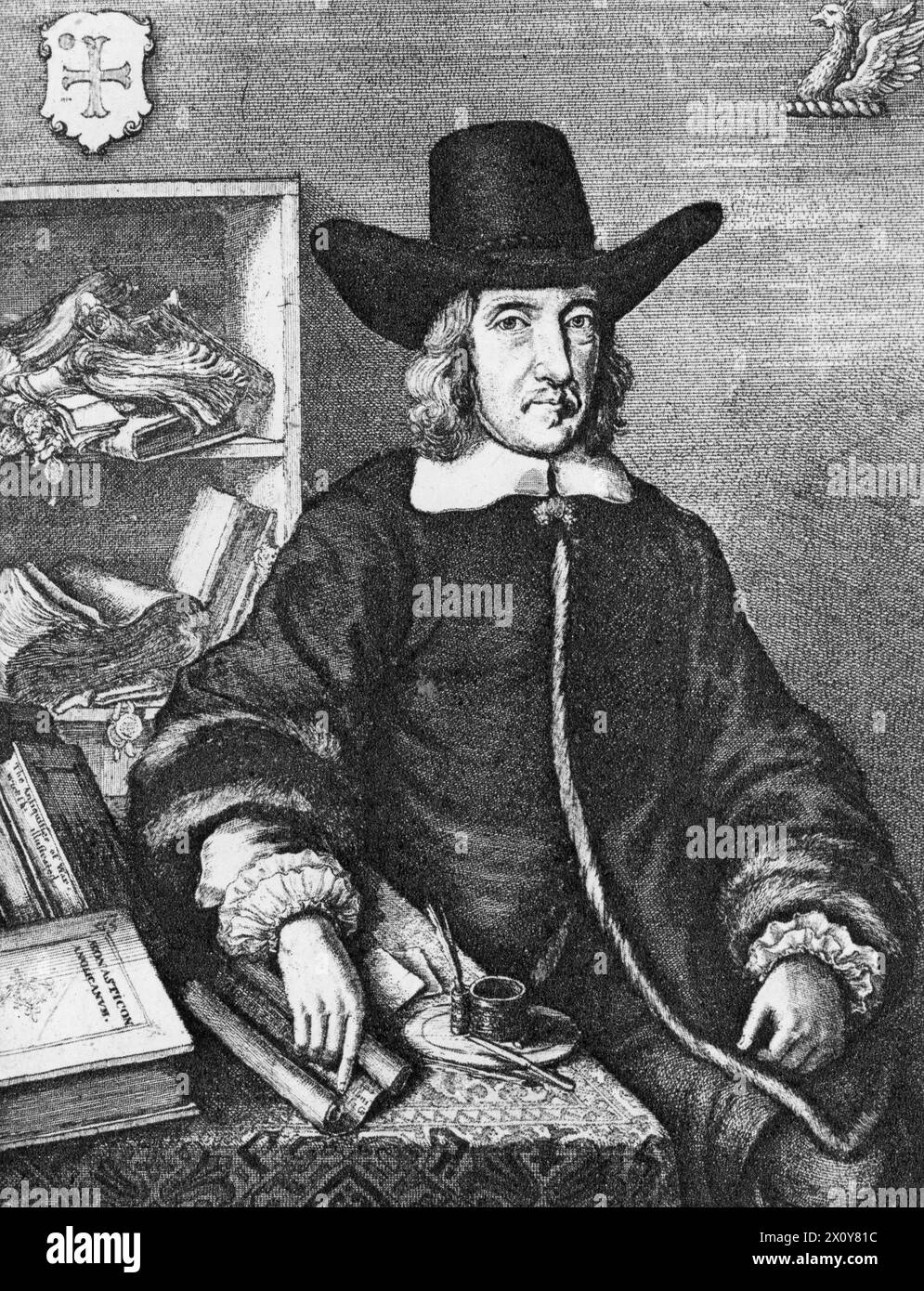 Sir William Dugdale (1605-1686), 1656. Von Wenceslaus Hollar (1607-1677). Dugdale war ein englischer Antiquar und Herald. Als Gelehrter war er maßgeblich an der Entwicklung der mittelalterlichen Geschichte als akademisches Fach beteiligt. Aus dem Frontispiece von The Antiquities of Warwickshire Illustrated, 1656. Stockfoto