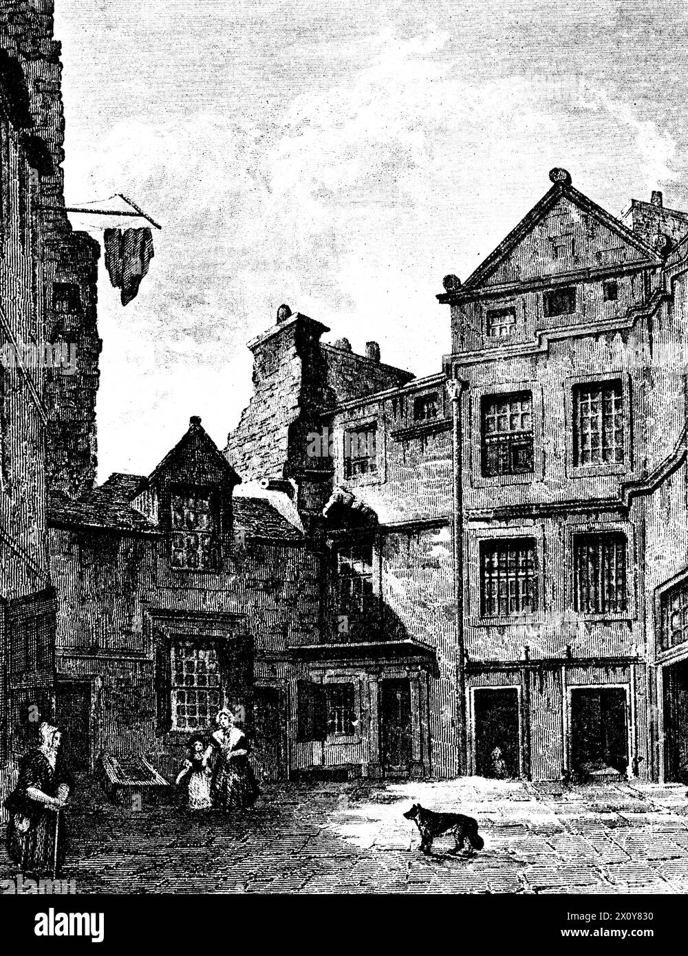 Riddles Court, Edinburgh, Schottland, 1848. Rddles Court wurde die Residenz von David Hume (1711–1776), schottischem Aufklärungsphilosophen, Historiker, Ökonom, Bibliothekar und Essayist. im Jahr 1751. Aus „Memorials of Edinburgh in the Olden Time“ von Sir Daniel Wilson (1816–1892), 1848. Stockfoto