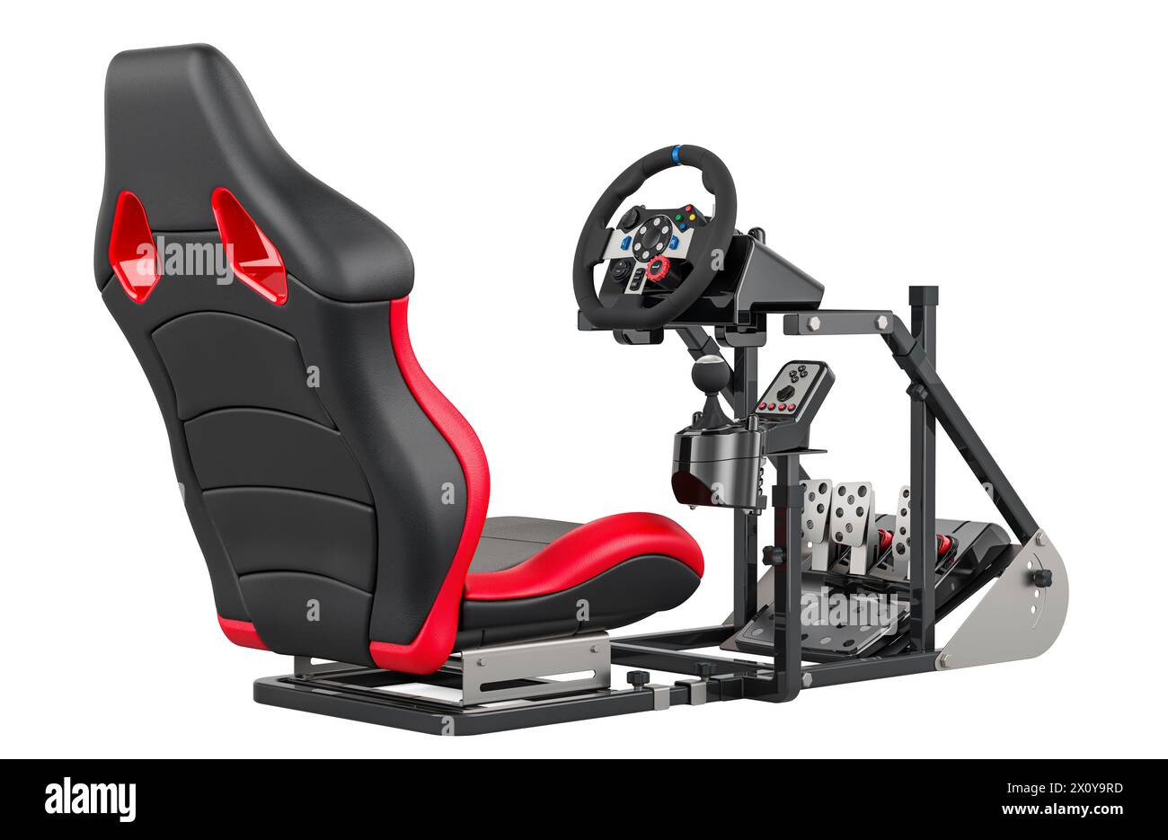 Rennsimulator Cockpit mit Gaming-Rennlenkrad, Fußpedal. 3D-Rendering isoliert auf weißem Hintergrund Stockfoto