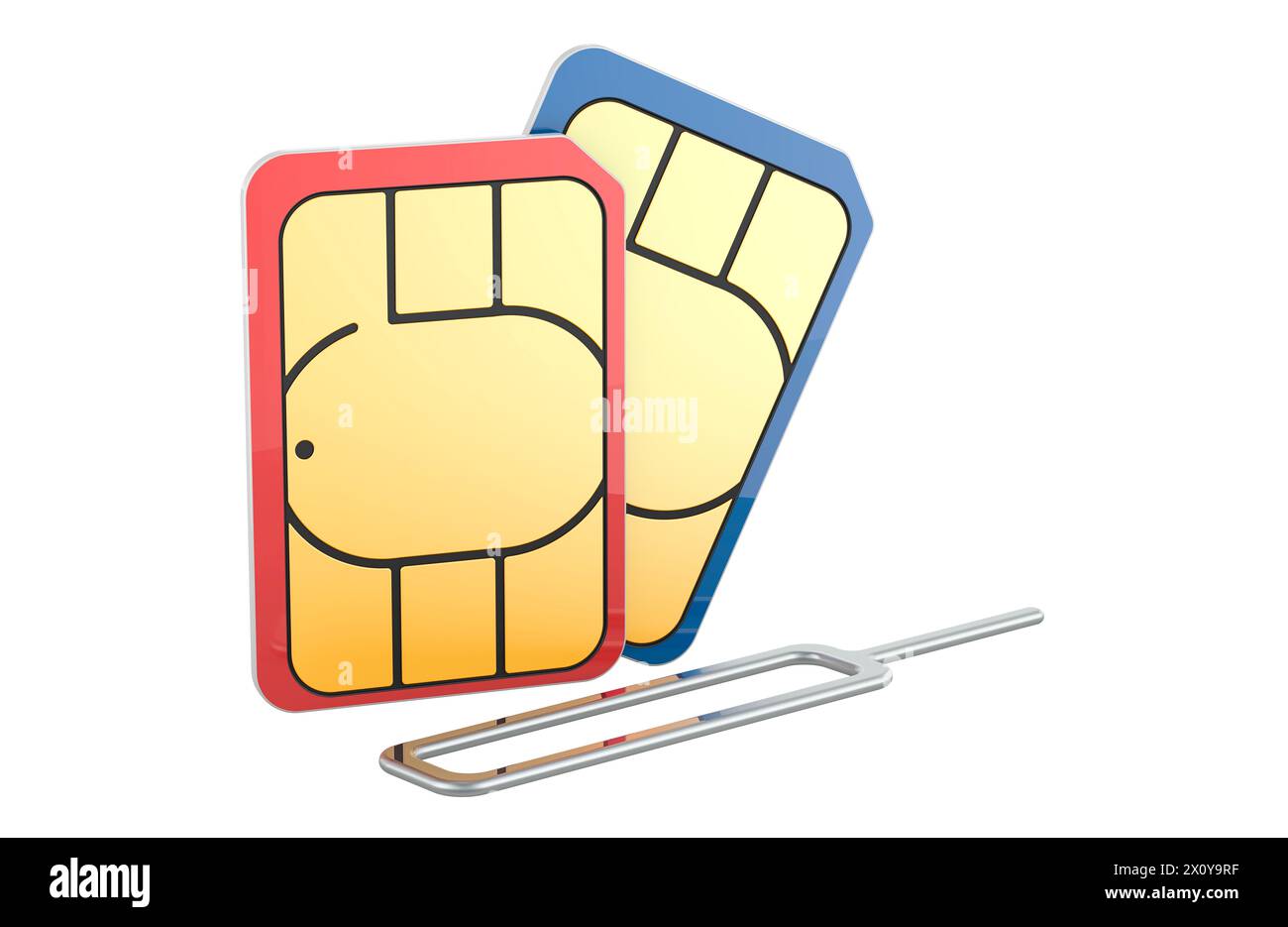 SIM-Karten mit Auswurfstift für Mobiltelefon, 3D-Rendering isoliert auf weißem Hintergrund Stockfoto
