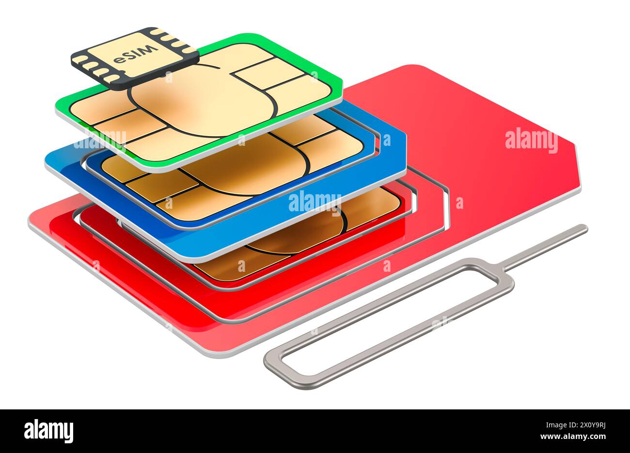 Verschiedene SIM-Karten mit Auswurfstift für Mobiltelefone, 3D-Rendering isoliert auf weißem Hintergrund Stockfoto