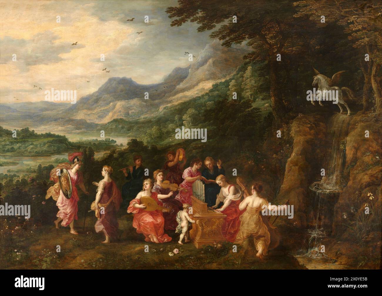 Minervas Besuch der Musen ist ein Ölgemälde des flämischen Malers Joos de Momper. Das Gemälde zeigt eine Szene aus Ovids Metamorphosen Stockfoto