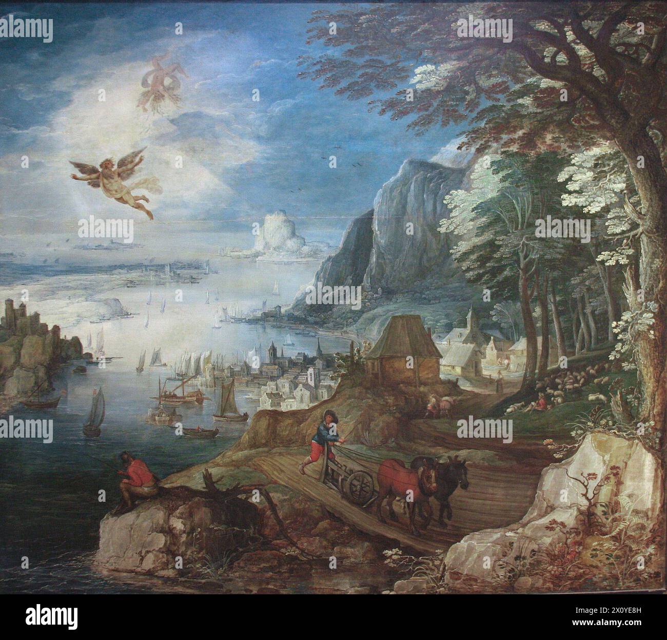 Landscape with the Fall of Icarus ist ein Ölgemälde des flämischen Malers Joos de Momper. Es wurde möglicherweise in den 1620er Jahren gemalt Stockfoto