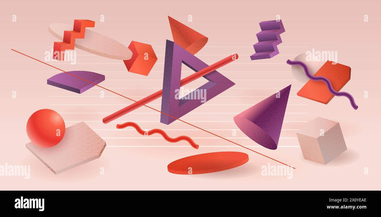 3D-Elemente abstrahieren. Geometrische farbenfrohe Kunstkomposition mit hellen Kreisen und Würfeln. Minimale Figuren. Kugeln und Pyramiden. Discs rendern. Fliegende Dreiecke. Vektordesign grafische Formen Hintergrund Stock Vektor