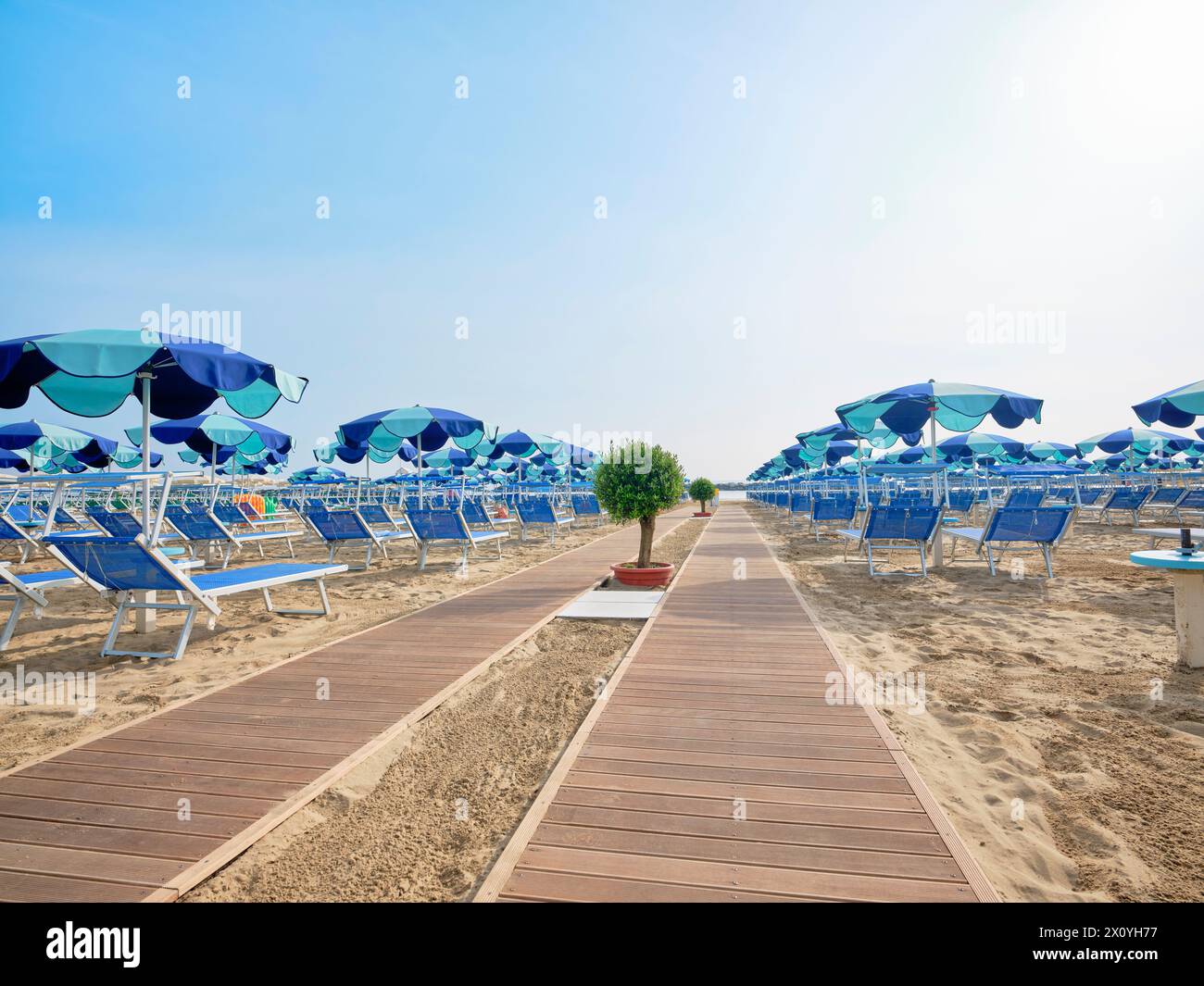 Strandpromenade am Strand entlang einer Reihe von bunten Sonnenschirmen und Liegen, die an einem sonnigen Sommertag am Ufer der Adria, Italien, zum Meer führen. Stockfoto