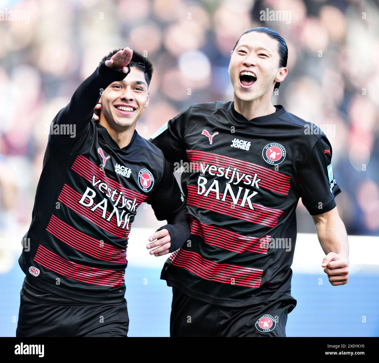 Der FC Midtjylland Dario Esteban Osorio erzielte im Superliga-Spiel zwischen dem FC Midtjylland und dem FC Kopenhagen in der MCH Arena in Herning am Sonntag, den 14. April 2024, 2-1 Tore. (Foto: Henning Bagger/Ritzau Scanpix) Stockfoto