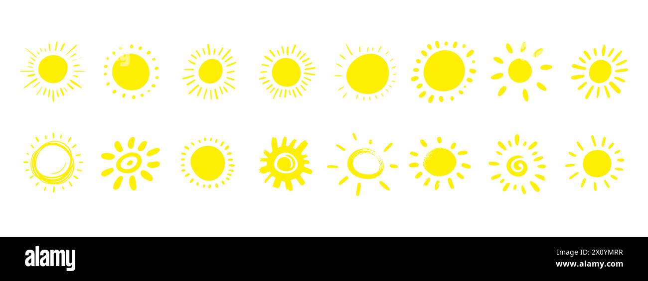 Hand gezeichnete Sonnensymbol Vektoren isoliert auf weißem Hintergrund. Sunset Icon Kollektion. Sunrise Icon Kollektion. Sonnenstrahlen-Set. Stock Vektor