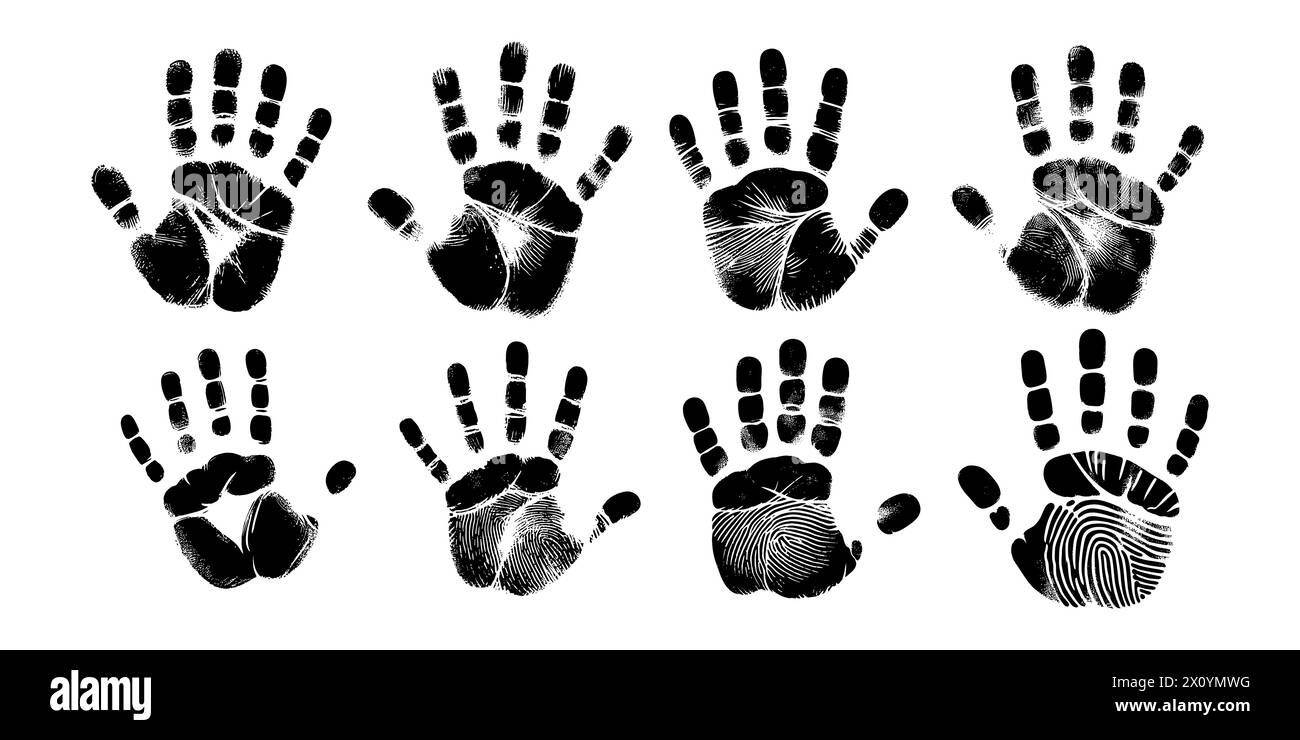 Handpalmendruck isoliert auf weißem Hintergrund. Kreative Handabdrücke. Happy Childhood Design. Künstlerisch gestempelte Kinder, helle menschliche Finger und Handfläche Stock Vektor